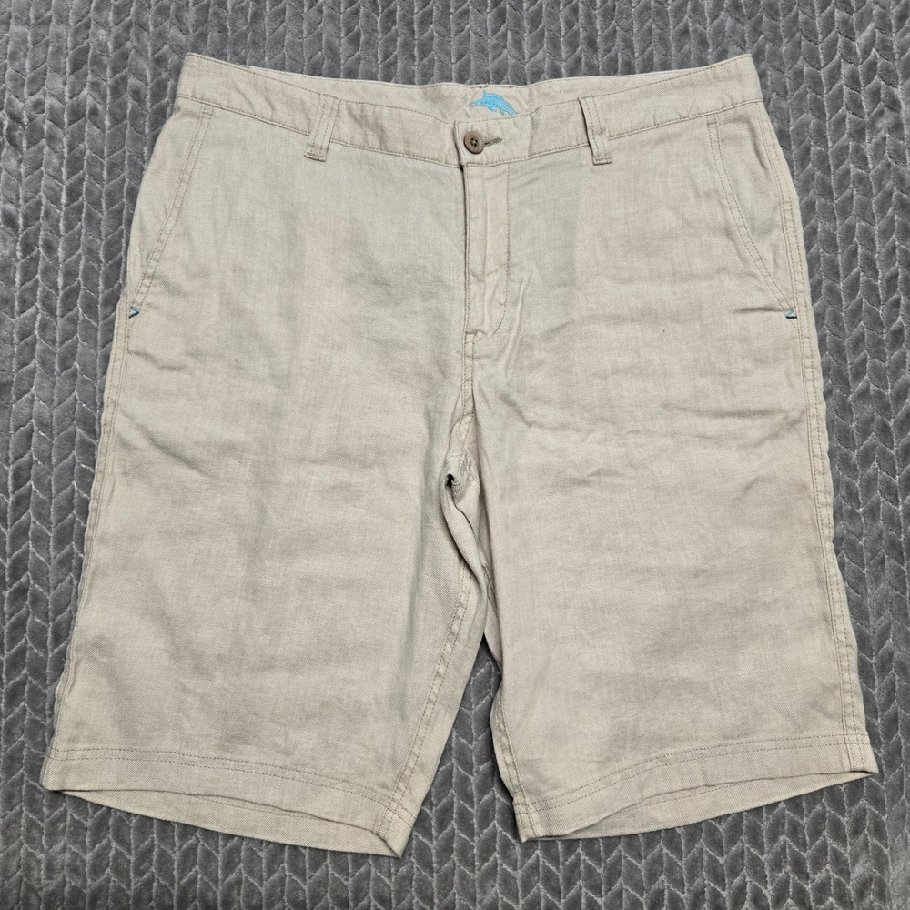 Tommy Bahama Boracay Linen Blend Shorts Mens 36 Khaki Tan‎ Marlin Logo 12 In